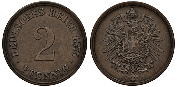 Германия 2 пфеннига 1875 J, старогербовка KM 2, J.2 медь 413-3733