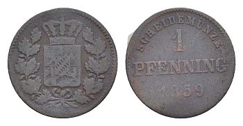 Бавария 1 пфенниг 1859 Максимилиан II (1848-1864) KM 856 медь 4649-461