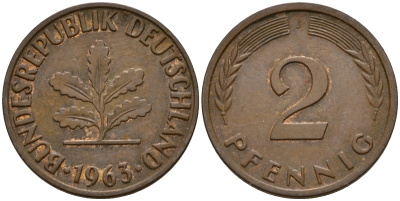 ФРГ 2 пфеннига 1963 J J.381  KM 106 бронза    4598-733