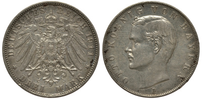 Бавария 3 марки 1911 Отто (1886-1913) Weege 45, J. 47, KM 515 серебро 3711-2032