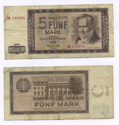 ГДР 5 МАРОК 1964 АЛЕКСАНДР ГУМБОЛЬТ Pick 22а бумага 7146-32-1-2