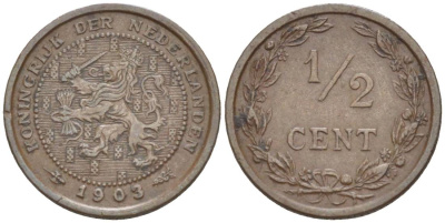 НИДЕРЛАНДЫ 1/2 ЦЕНТА 1903 ВИЛЬГЕЛЬМИНА I (1891-1948) KM 133 бронза 4547-1236