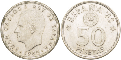 Испания 50 песет 1980 (81) чемпионат мира по футболу в Испании 1982 года, Хуан Карлос I ( 1975-) KM 8 19 медно-никель XF 4185-831
