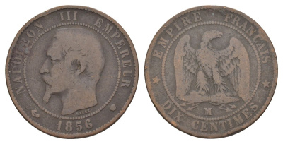 Франция 10 сантимов 1856 MA, Наполеон III (1852-1870) KM 771.6, Le Franc 133.27 бронза 109-1042