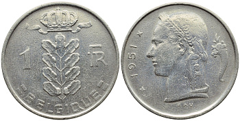 БЕЛЬГИЯ 1 ФРАНК 1951 BELGIQUE KM 142.1 медно-никель 4390-556