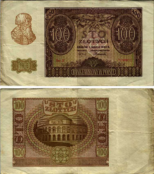 Польша 100 злотых 1940 центральный банк, Краков, серия E Pick 97 a бумага 6352-38-1-2
