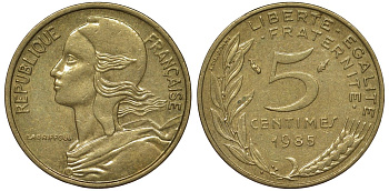 Франция 5 сантимов 1985 KM 933, Le Franс 125.21 медь алюминий никель 4124-554