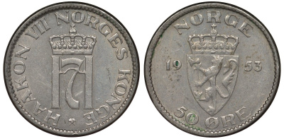 Норвегия 50 эре 1953 Хокон VII (1905-1957) KM 402 медно-никель 4128-1117