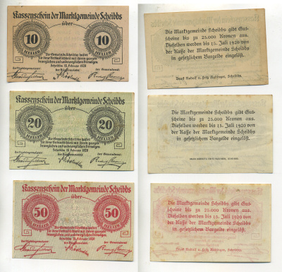 АВСТРИЯ НАБОР ИЗ 3 БАНКНОТ 1920 15 ФЕВРАЛЯ 1920-15 ИЮЛЯ 1920, НОТГЕЛЬД, 10, 20, 50 ГЕЛЛЕРОВ, SCHIBBS бумага XF 7217-22-3