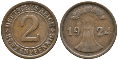 ГЕРМАНИЯ 2 РЕНТЕНПФЕННИГА 1924 A KM 31, J. 307 бронза 24-655