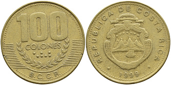КОСТА-РИКА 100 КОЛОН 1999 B.C.C.R., ГОД ТИП KM 230а.1 латунь 59-214
