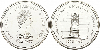 Канада 1 доллар 1977 25 лет вступлению на престол Королевы Елизаветы II KM 118 серебро UNC 1091-2-53