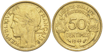 ФРАНЦИЯ 50 САНТИМОВ 1941 ТИП MORLON KM 894.1, LE FRANC 192.18 алюминиевая бронза 44-518