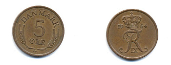 ДАНИЯ 5 ЭРЕ 1964 C; S, ФРЕДЕРИК IX (1947-1972) KM 848.1 бронза 4379-1016