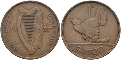 Ирландия 1 пенни 1937 курица с цыплятами KM 3 бронза 4587-1044