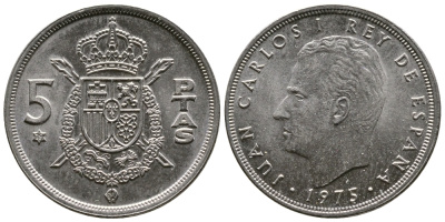 Испания 5 песет 1975 (79) Хуан Карлос I (1975-2014) KM 807 медно-никель 4110-1521