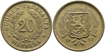 Финляндия 20 марок 1937 S KM 32 алюминиевая бронза 4389-111