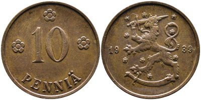 Финляндия 10 пенни 1939 KM 24 медь 4388-847