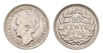 Нидерланды 10 центов 1938 Вильгельмина (1890-1948) KM 163 серебро UNC 44-1139