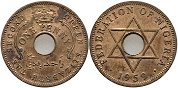Нигерия 1 пенни 1959 Елизавета II (1952-), Британский протекторат KM 2 бронза 51-1721