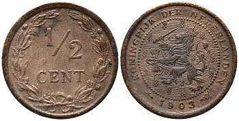 НИДЕРЛАНДЫ 1/2 ЦЕНТА 1903 ВИЛЬГЕЛЬМИНА (1890-1948) KM 133 бронза 116-817