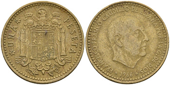 Испания 1 песета 1966 (71) Франсиско Франко (1939-1975) KM 796 алюминиевая бронза 4604-121