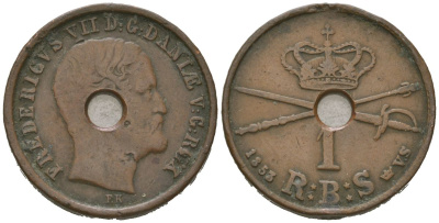 Дания 1 ригсбанкскиллинг 1853 Фредерик VII (1848-1863) KM 756 медь 4171-833
