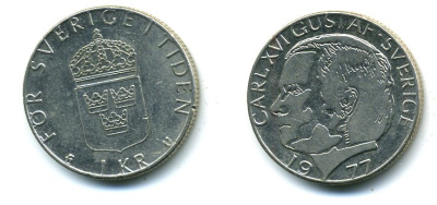 Швеция 1 крона 1977 Карл XVI Густав (1973- ) KM 852 медь плакированная медно-никелем 59-316