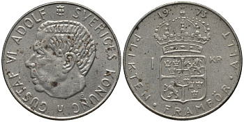 Швеция 1 крона 1973 Густав VI Адольф (1950-1973) KM 826а медь плакированная медно-никелем 4577-814