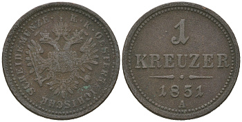 Австрия 1 крейцер 1851 A, Франц Иосиф I (1848-1916) KM 2185 медь 4641-644