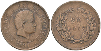 Португалия 20 реалов 1891 Карлуш I (1889-1908) KM 533 бронза 4512-934