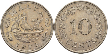 Мальта 10 центов 1972 баржа Великого магистра KM 11 медно-никель 82-524