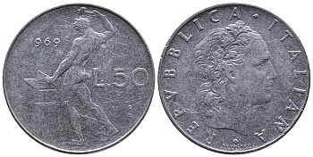 ИТАЛИЯ 50 ЛИР 1969 R, КУЗНЕЦ KM 95.1 сталь 3333-345