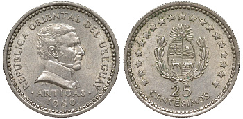 Уругвай 25 сентесимо 1960 KM 40 медно-никель 4532-246
