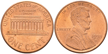США 1 ЦЕНТ 1998 D ЛИНКОЛЬН KM 201b цинк плакированный медью UNC 187-1165