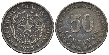 Парагвай 50 сентаво 1925 год тип KM 12 медно-никель    220-969