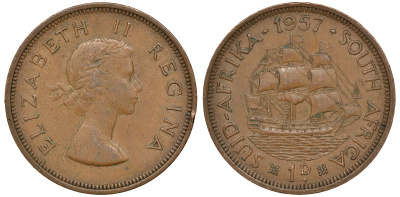 Южная Африка 1 пенни 1957 Елизавета II KM 46 бронза 4162-224