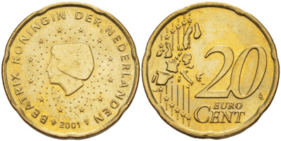 Нидерланды 20 евроцентов 2001 Беатрикс (1980-2013) KM 238 латунь 86-1034