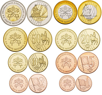 Ватикан набор из 8 монет 2005 PROBE, ESSAI, европробники большого формата, в капсулах, Sede Vacante, тираж 30000 экз. биметалл PROOF 5-4-1-93