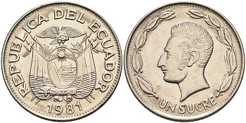 Эквадор 1 сукре 1981 Антонио Хосе Сукре KM 78b сталь плакированная никелем  UNC  4595-653