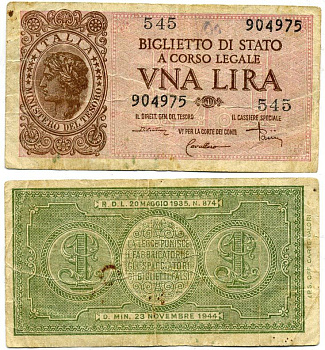 Италия 1 лира 1944 23 ноября 1944, подпись Dicristina Pick 29с бумага 3295-43-2-1