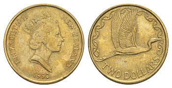Новая Зеландия 2 доллара 1990 Елизавета II (1952-2022), большая белая цапля KM 79 алюминиевая бронза 4652-711