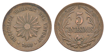 Уругвай 5 сентесимо 1948 KM 21a медь 4654-622