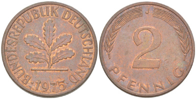 ФРГ 2 ПФЕННИГА 1975 J KM 106а, J. 381а сталь плакированная сталь плакированная медьюю 4181-817