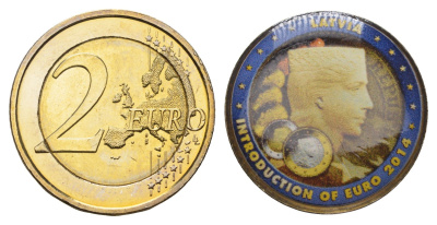Латвия 2 евро 2014 с наклейкой KM 157 биметалл UNC 4650-1047