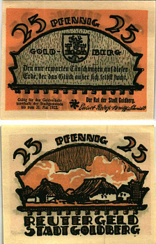 ГОЛЬДБЕРГ 25 ПФЕННИГОВ 1922 НОТГЕЛЬД, ИЮНЬ 1922 - 31 МАЯ 1922, ЗЕМЛЯ МЕКЛЕНБУРГ ПЕРЕДНЯЯ ПОМЕРАНИЯ Grabowski 452.1 бумага 7547-97-1-2