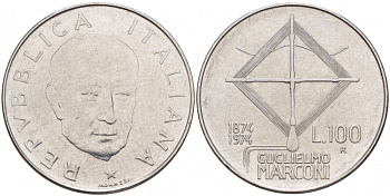 ИТАЛИЯ 100 ЛИР 1974 R, 100 ЛЕТ СО ДНЯ РОЖДЕНИЯ МАРКОНИ KM 102 нержавеющая сталь 4545-735