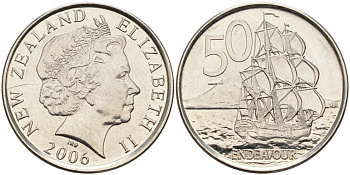 Новая Зеландия 50 центов 2006 Елизавета II (1952-2022), парусник Индевор KM 119а никелированная сталь 4579-1037