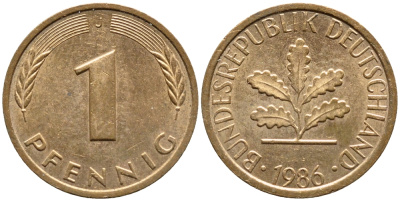 ФРГ 1 ПФЕННИГ 1986 J КМ 105 J.380 сталь плакированная медью 4392-1029
