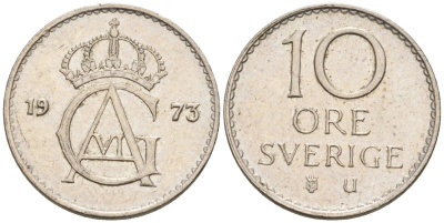 Швеция 10 эре 1973 Густав VI Адольф (1950-1973) KM 835 медно-никель 4585-415